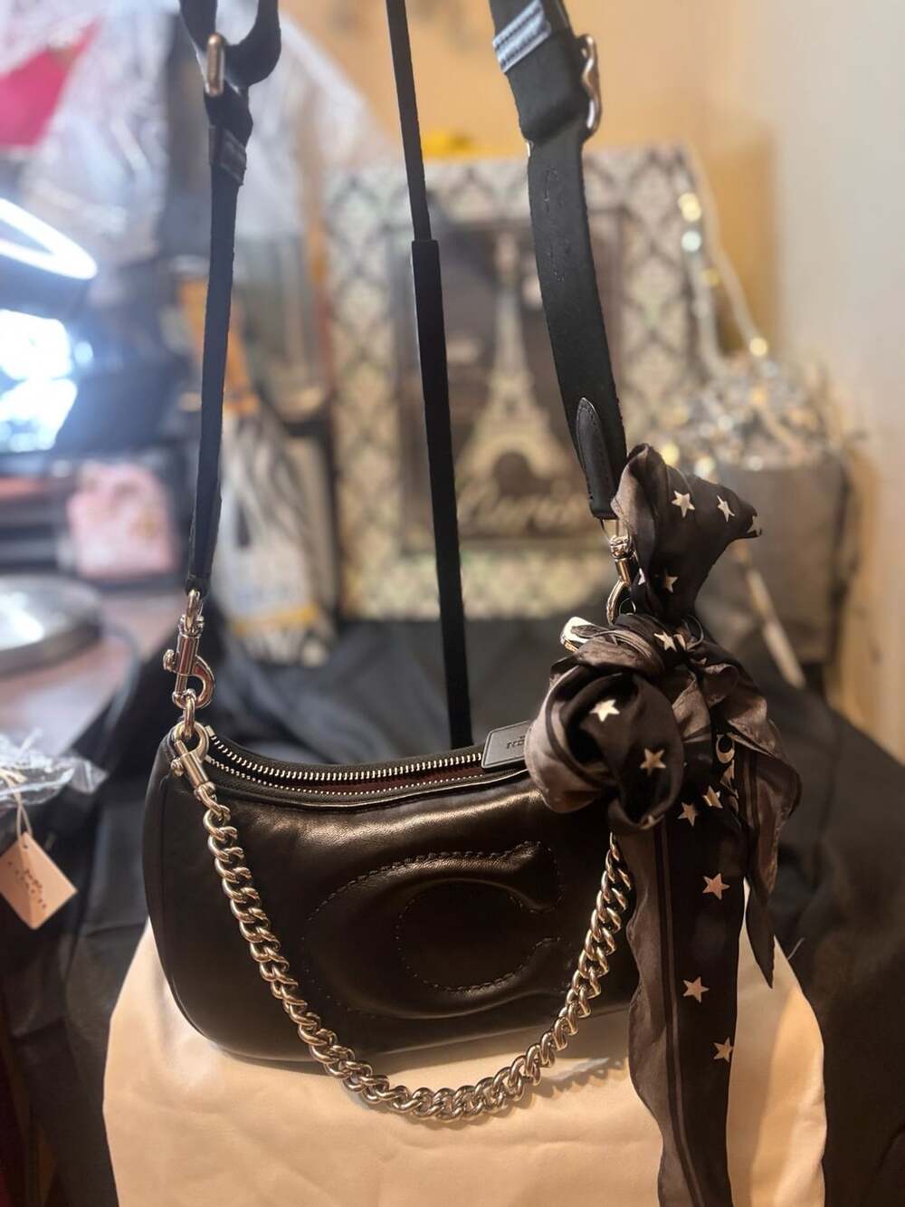 Coach Teri Shoulder Bag Black Quilted Leather including the Coach scarf - Picture 5 of 8